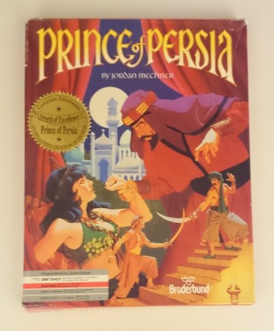 Jaquette du jeu Prince of Persia, édition Brøderbund, illustrant le prince affrontant le grand vizir Jaffar