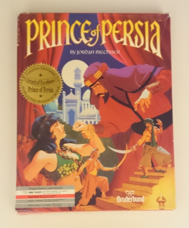 Jaquette du jeu Prince of Persia, édition Brøderbund, illustrant le prince affrontant le grand vizir Jaffar
