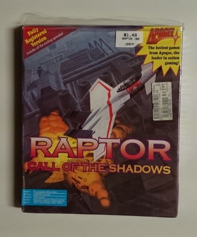 Boîte de Raptor: Call of the Shadows, édition complète Apogee Software avec illustration d'un avion de chasse