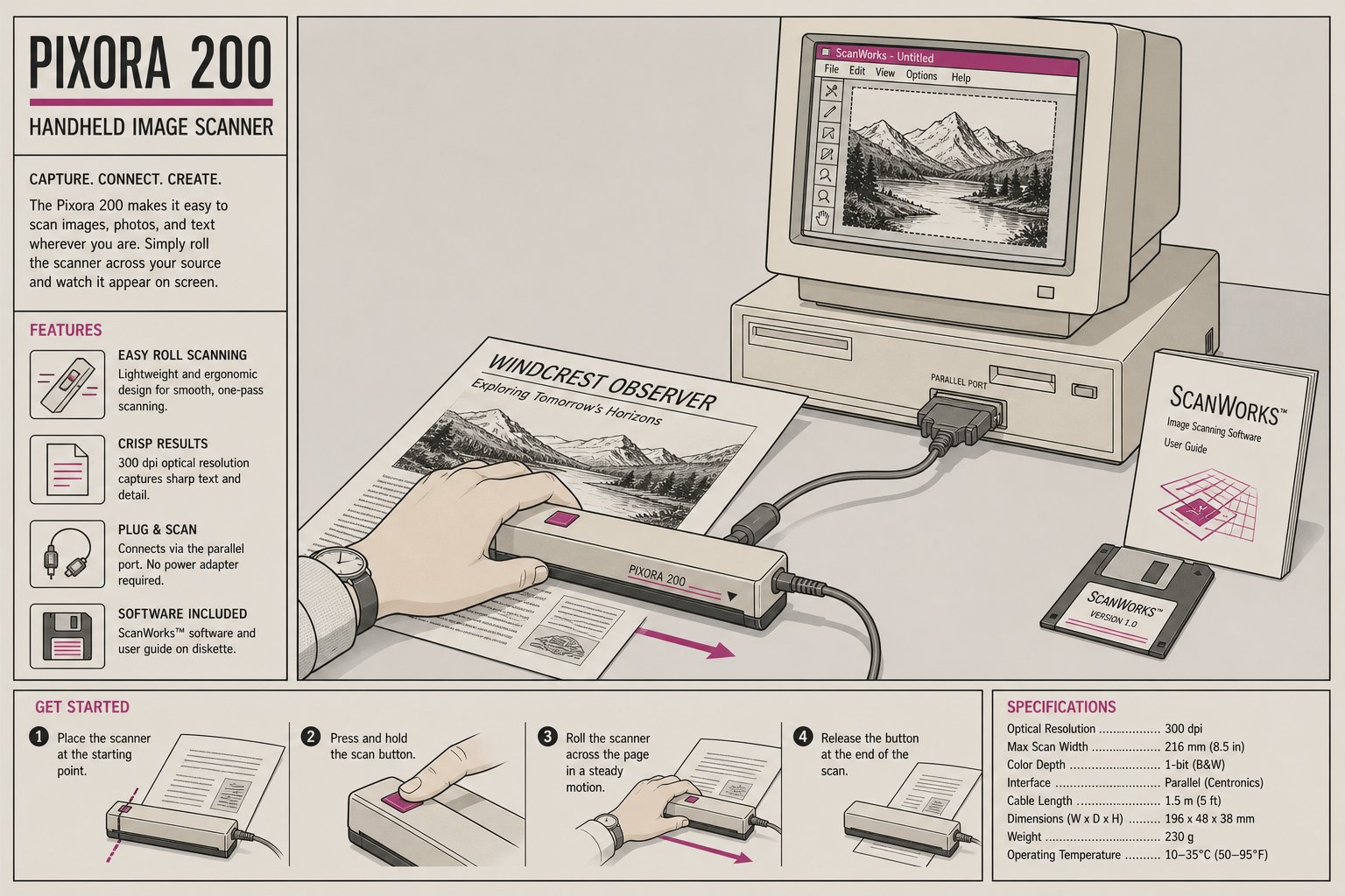 Illustration d'un scanner à main des années 1990 déplacé à la main sur une page imprimée, relié à un ordinateur de bureau