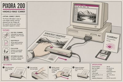 Illustration d'un scanner à main des années 1990 déplacé à la main sur une page imprimée, relié à un ordinateur de bureau