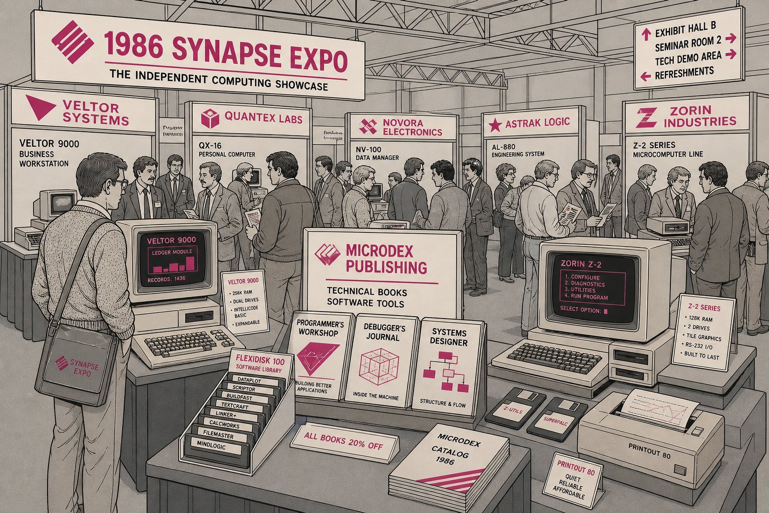 Illustration d'un salon professionnel de l'informatique des années 1980 avec plusieurs stands d'exposants