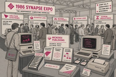 Illustration d'un salon professionnel de l'informatique des années 1980 avec plusieurs stands d'exposants