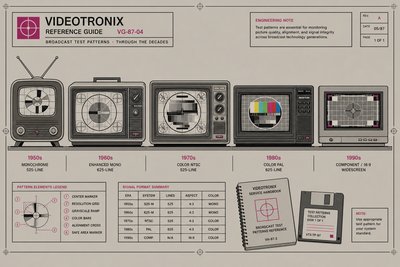 Illustration d'une rangée de téléviseurs vintage de différentes époques affichant chacun une mire de test