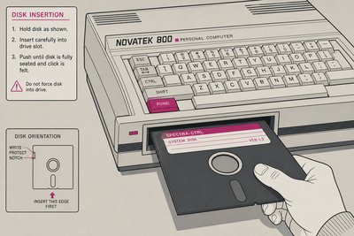 Illustration d'une disquette 5 pouces 1/4 insérée dans le lecteur d'un ordinateur des années 1980, vue rapprochée