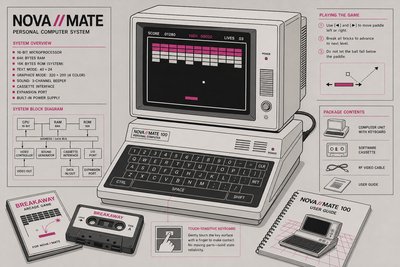 Illustration d'un ordinateur des années 1980 à clavier tactile, relié à un écran affichant un jeu de casse-briques