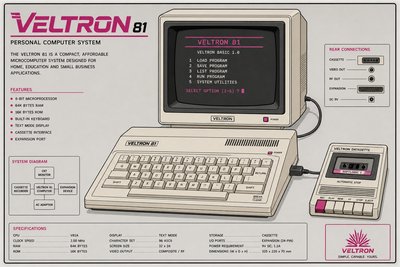 Illustration d'un ordinateur des années 1980 avec clavier intégré, relié à un écran affichant un menu texte