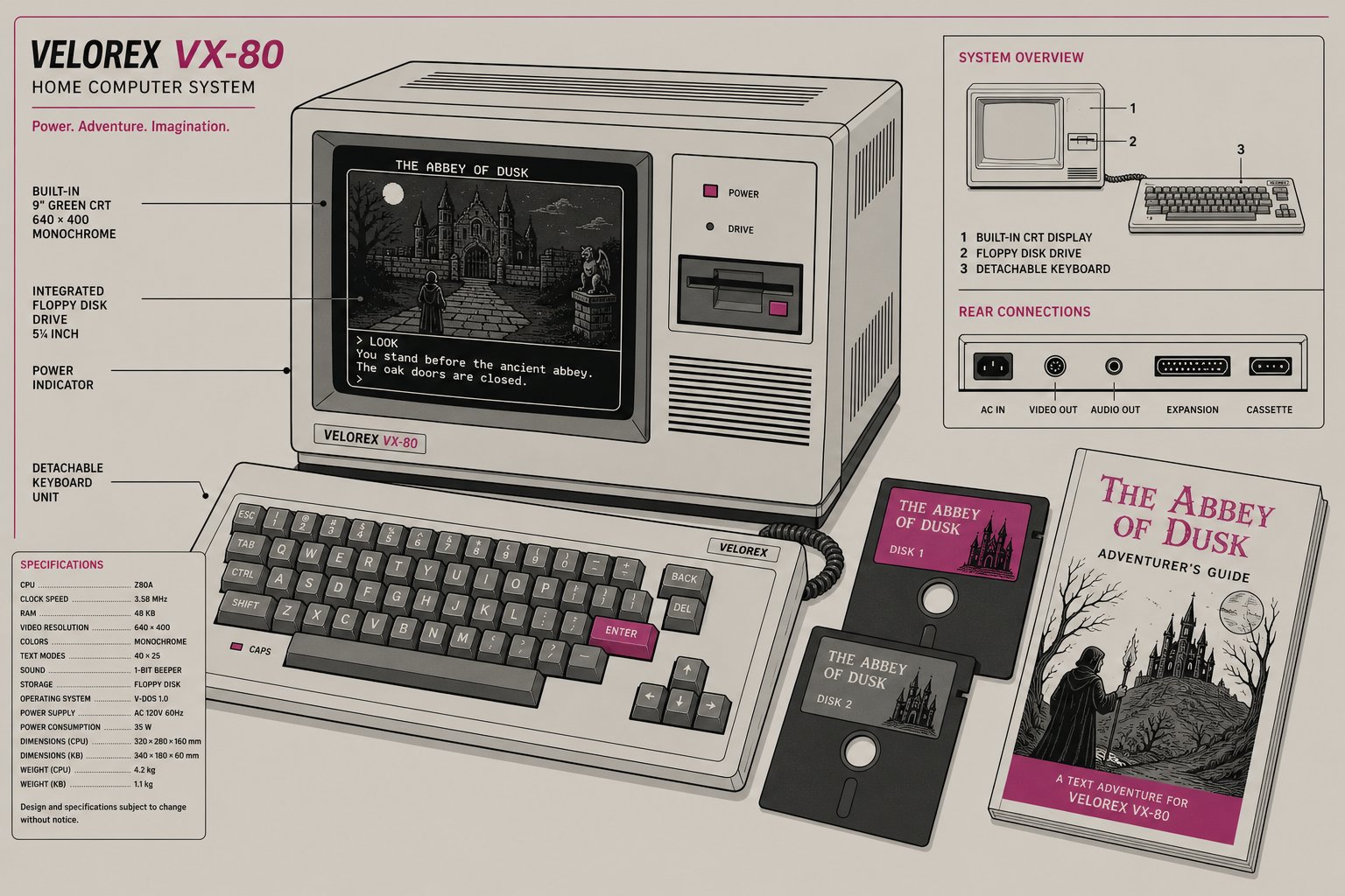 Illustration d'un ordinateur des années 1980 avec clavier séparé et lecteur de disquette intégré, écran affichant un jeu d'aventure gothique