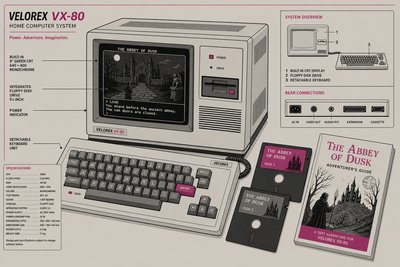 Illustration d'un ordinateur des années 1980 avec clavier séparé et lecteur de disquette intégré, écran affichant un jeu d'aventure gothique