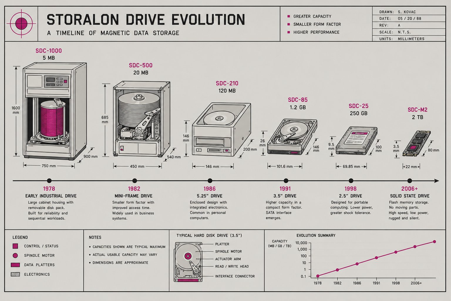 Illustration d'une frise chronologique montrant plusieurs disques durs de tailles et d'époques différentes