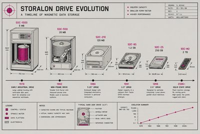 Illustration d'une frise chronologique montrant plusieurs disques durs de tailles et d'époques différentes