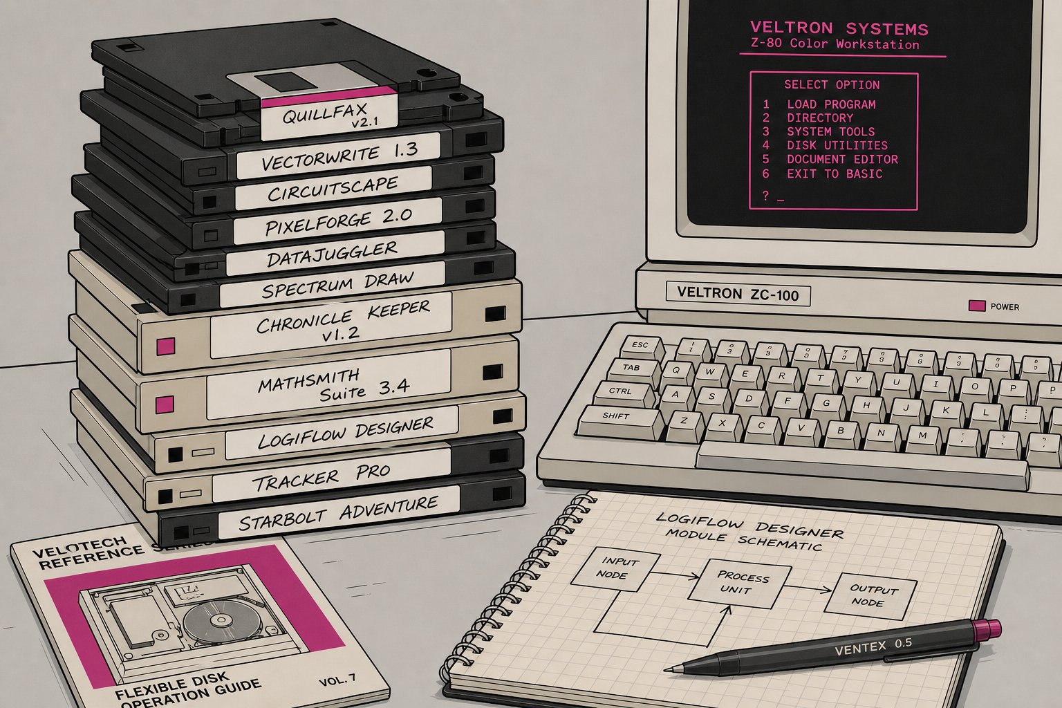 Illustration d'une haute pile de disquettes 3 pouces 1/2 et 5 pouces 1/4 avec des étiquettes manuscrites, posée sur un bureau