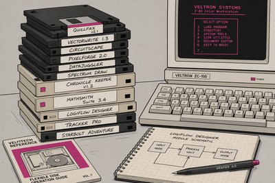 Illustration d'une haute pile de disquettes 3 pouces 1/2 et 5 pouces 1/4 avec des étiquettes manuscrites, posée sur un bureau