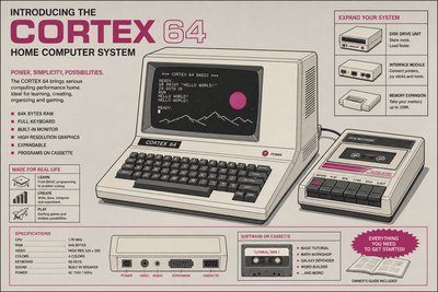 Illustration publicitaire rétro d'un ordinateur familial de la fin des années 1970 avec écran et clavier intégrés