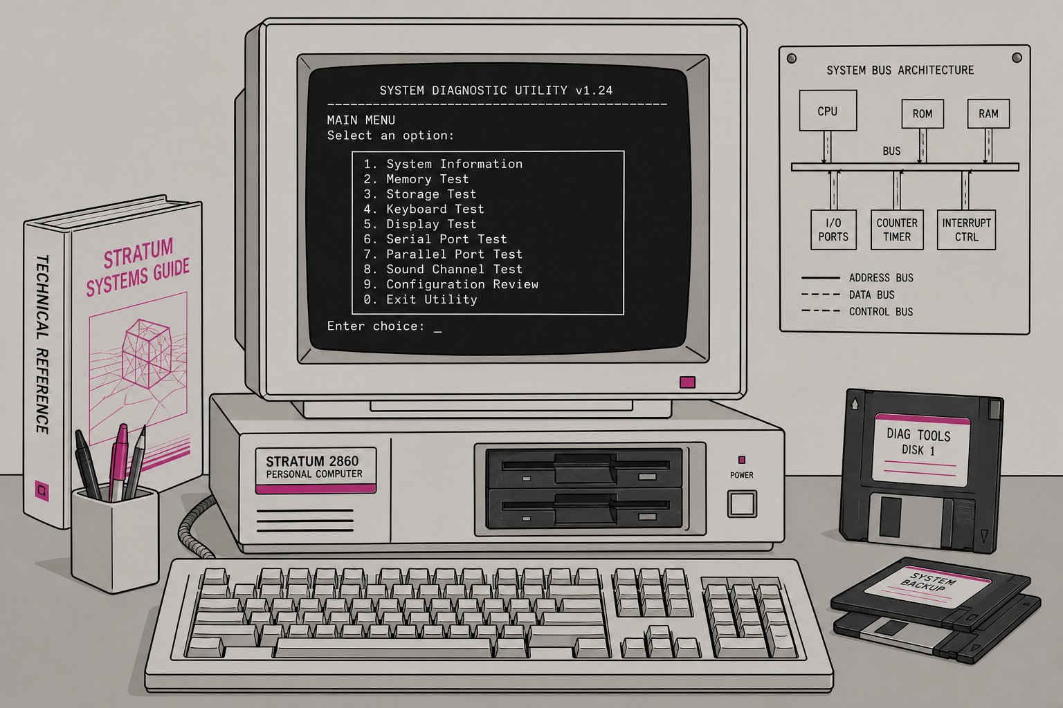 Illustration d'un écran d'ordinateur affichant un menu texte d'utilitaire de diagnostic DOS