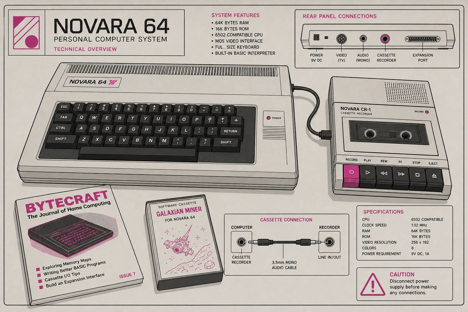 Illustration d'un ordinateur des années 1980 à clavier souple, relié à un magnétophone à cassettes
