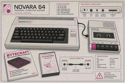 Illustration d'un ordinateur des années 1980 à clavier souple, relié à un magnétophone à cassettes